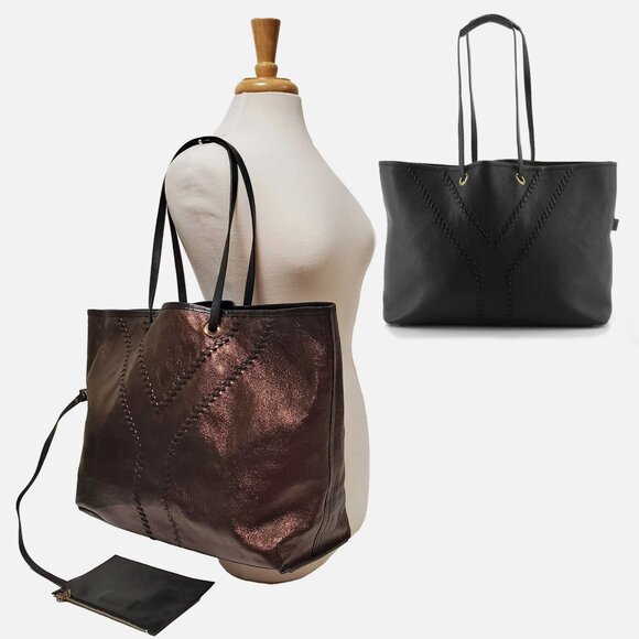 YVES SAINT LAURENT BAG NEO "Y" REVERSIBLE BLACK BRONZE LEATHER TOTE 265702 - Picture 1 of 15